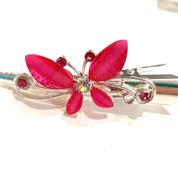 Updo Hair Clips Set of 2 Silver Tone Pink Butterflies 3” - Picture 4 of 4